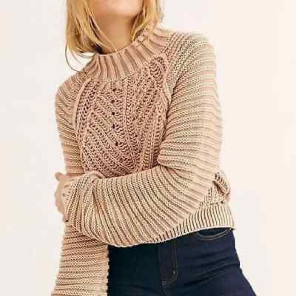 Free People Sweetheart Sweater Chunky Rib Knit Pullover Tan M